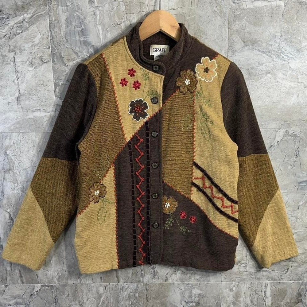 Vintage 90s GRAFF Cardigan Sweater Brown Tan Patchwork‎ Embroidered Woman Size S